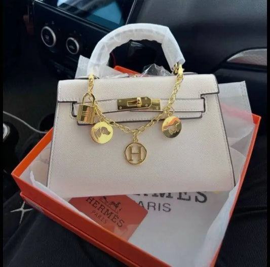 Hermez Kelly Mini Epsom Leather White With Charms 2 Belts OG Box Dust Bag Cards And Charms 1009