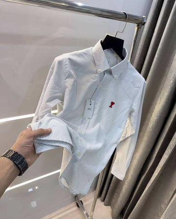 Ami Paris Grey Stripes Embroidery Logo Premium Shirt