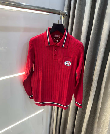 Gucc i Red Logo Work Imported Knitted Polo T-Shirt