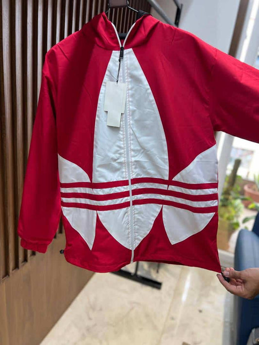 ADIDA_S RED ORIGINALS BIG TREFOIL WHITE LOGO TRACK TOP TRAINING JACKET FASHION