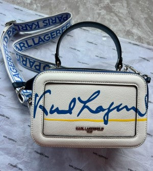 Karl Lagerfeld Simone Top Handle Leather Small Camera Sling Bag With OG Box & Dust Bag (White Blue KB027-2)