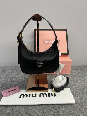 Miu Miu Leather Hobo armpit Bag With OG Box & Dust Bag (359 Black)
