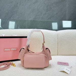 Miu Miu Pocket Logo-Embossed Shoulder Bag With OG Box & Dust Bag (161 Pink)