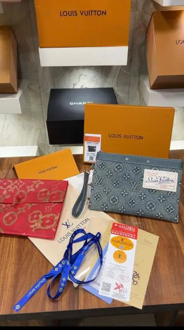 Lou-is Vuitton Pochette To-Go Monogram Washed Denim Canvas Clutch Bags Blue With OG Box  Dust Bag Tags Card Bill
