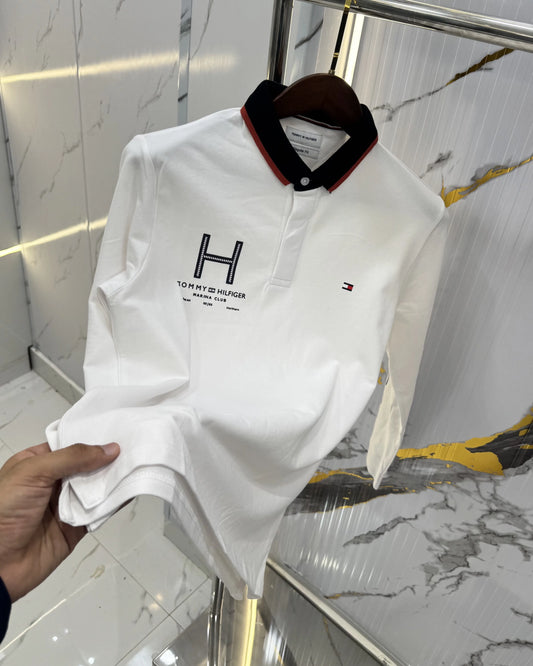 Tommy  Hilfiger White Logo Work Premium Full Sleeve Polo T-Shirt