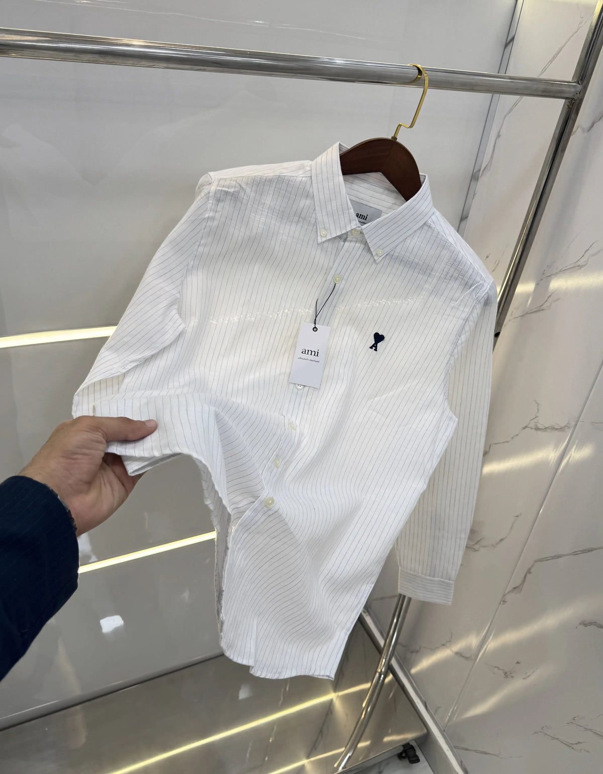 Ami Paris White Blue Embroidery Logo Work Premium Shirt