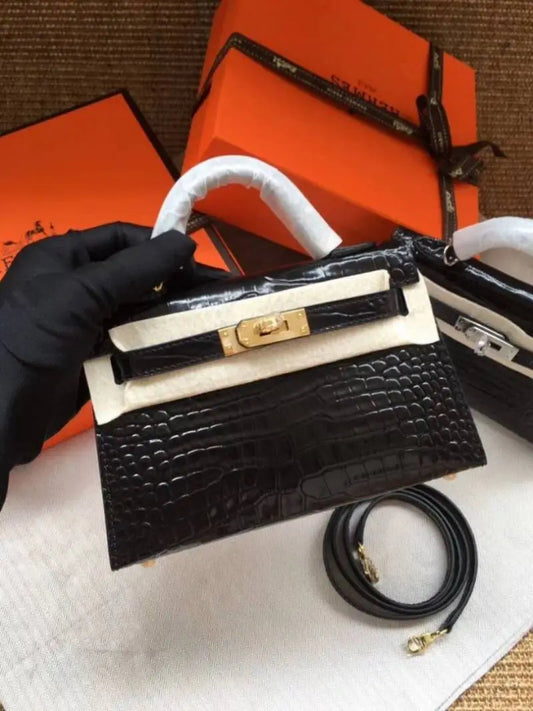 Hermez Kelly 22 Crocodile Leather Black Sling Bag With Original Box -1078