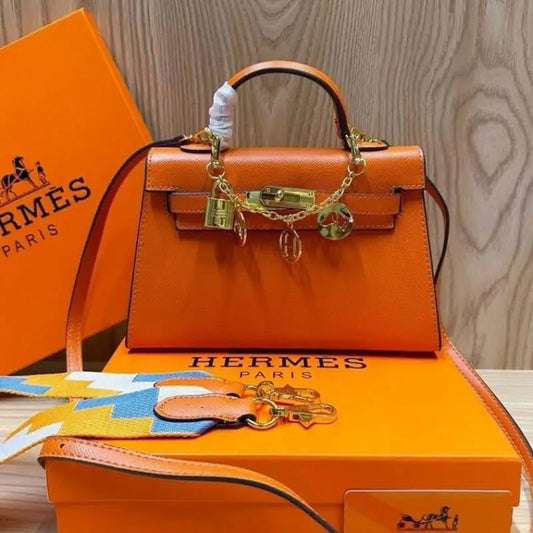 Hermez Kelly Mini Epsom Leather Orange With Charms 2 Belts OG Box Dust Bag Cards And Charms 1009