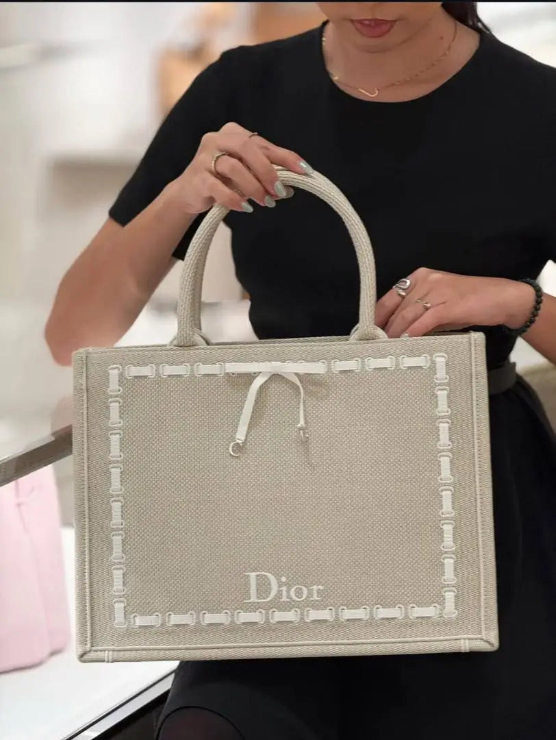 DIOOR Book Tote with Strap beige embroidery and white woven grosgrain With Orignal BoxExtra StrapRiboon